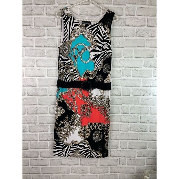 Fraklyman Women's Black Multi Colored Abstract Spiral Belt Mini Dress Size 10 - Picture 9 of 9